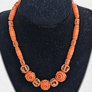 Vintage Lucite Choker Necklace Carved Style Beads Celluloid Barrel Clasp Coral W